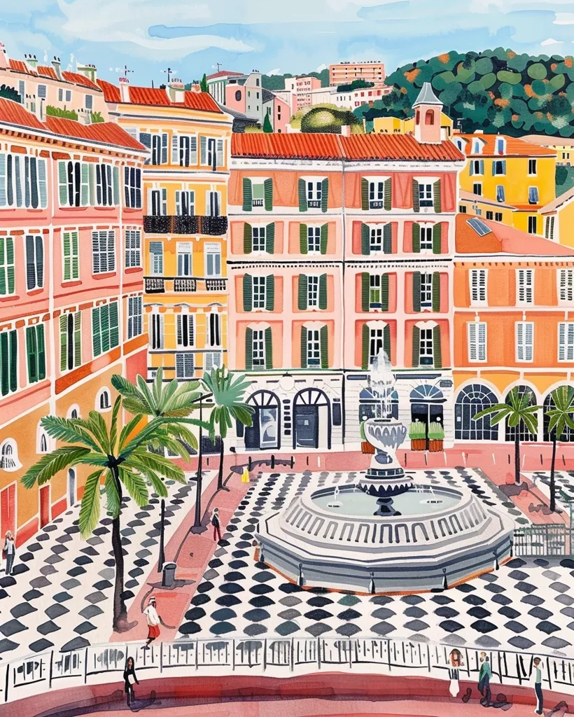 The image depicts a colorful European town square with a central fountain. The buildings are a mix of pastel pink, yellow, and orange, with green shutters and windows. Palm trees line the square, which is paved with a black and white checkered pattern. The fountain is ornate, with a large bowl and a spout that sprays water high into the air. A few people can be seen walking through the square, enjoying the warm weather. The image is painted in a loose, impressionistic style, with bright colors and a sense of movement.  The scene evokes a feeling of calm and tranquility.