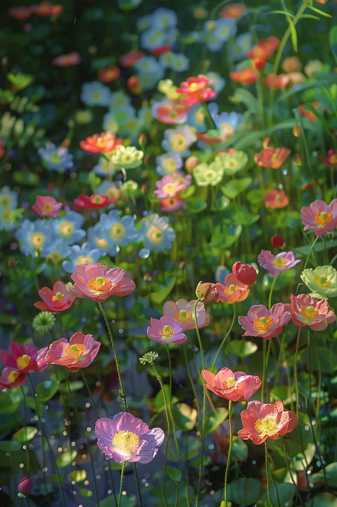 A field of delicate pink and white flowers blooms in a lush green meadow. The flowers are surrounded by tall grass and other foliage, creating a picturesque scene of natural beauty. Sunlight filters through the leaves, casting a soft glow on the petals.  The flowers are in various stages of bloom, adding to the vibrant and dynamic composition.