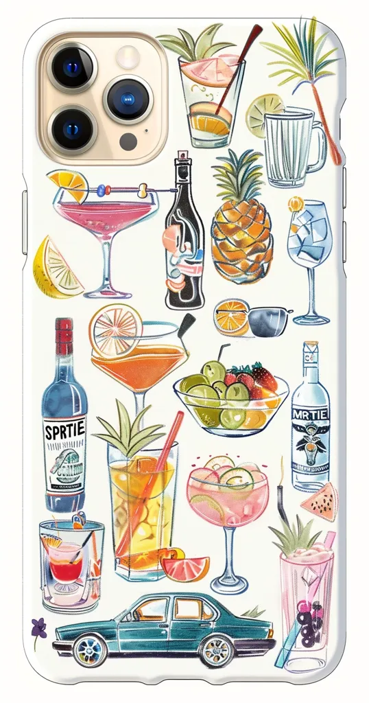 The image depicts a phone case with a colorful design featuring a variety of drinks, fruits, and a small car. There are cocktails, juices, and bottles of liquor, along with pineapples, lemons, limes, strawberries, and grapes. The overall aesthetic is bright and playful, evoking a fun and celebratory mood.