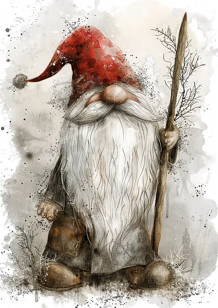 A whimsical gnome with a long white beard and a red hat adorned with hearts stands against a watercolor background. He wears brown boots and carries a large wooden stick topped with branches. The gnome appears to be walking through a forest, perhaps on a magical journey. His expression is kind and peaceful, creating a sense of wonder and enchantment.