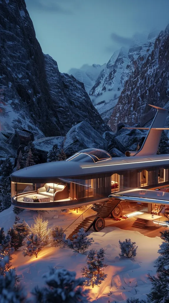 A futuristic home, resembling a plane, sits nestled amidst snow-covered mountains. The home features large windows, a curved design, and a spacious interior.  It has a landing gear and stairs leading down to the snowy ground. The exterior is illuminated with warm lights, while the surrounding trees are adorned with twinkling lights, creating a magical winter scene.