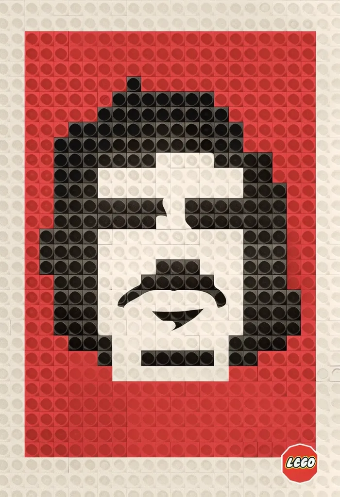 The image is a pixelated portrait of a man with a mustache. The portrait is made up of small, square blocks in red, black, and white. It is a simple design, but it is effective in capturing the likeness of the man. In the bottom right corner, a small LEGO logo is displayed. The image appears to be an advertisement or promotional piece for LEGO.