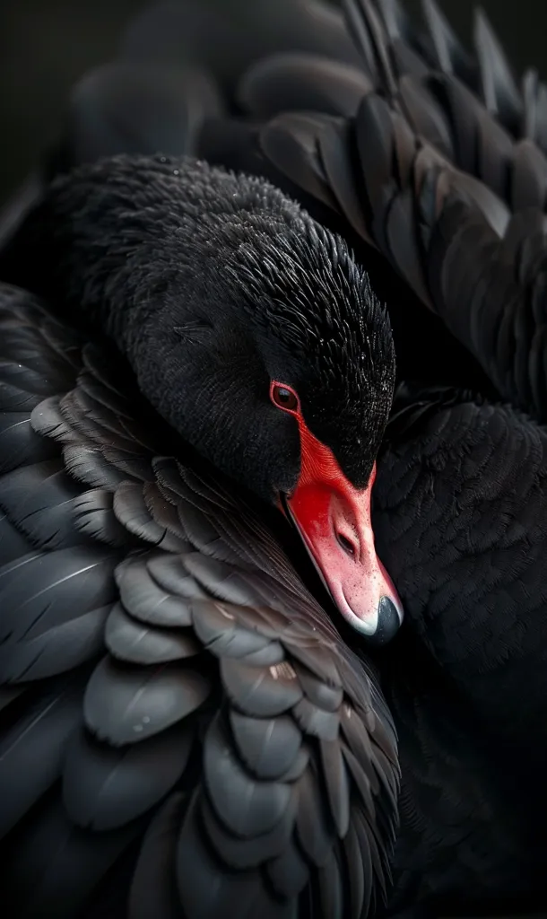 A black swan with a red beak is tucked into its feathers. The swan's head is turned to the side, and its eye is visible. The image is shot from a close-up perspective, highlighting the texture of the swan's feathers. The background is dark and out of focus. The black and red color combination creates a striking contrast.
