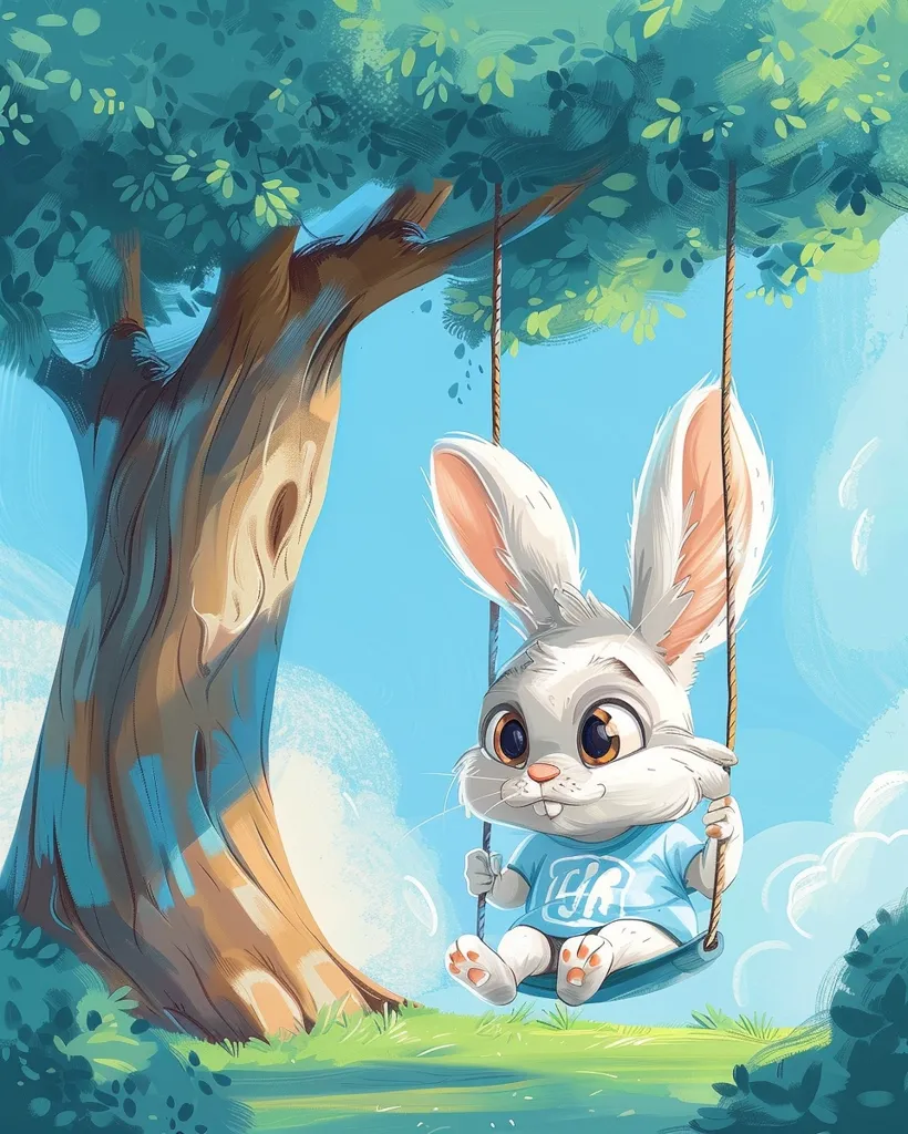 A white rabbit with large brown eyes and a blue shirt is swinging on a rope swing from a large tree with green leaves. The rabbit is smiling and seems to be enjoying the ride. The sky is blue and there are white clouds in the background. The scene is a whimsical depiction of a happy rabbit playing on a swing.
