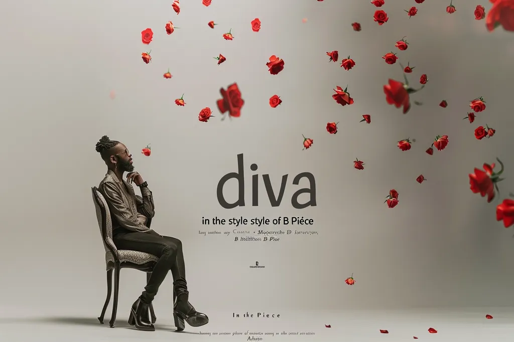 A man with a beard and a topknot sits in a  chair against a gray background. He is dressed in black pants, a gray jacket, and black shoes. He is looking off to the side, with his chin resting on his hand. Red roses fall from the sky. The words "diva in the style of B Pièce" are written below the man.