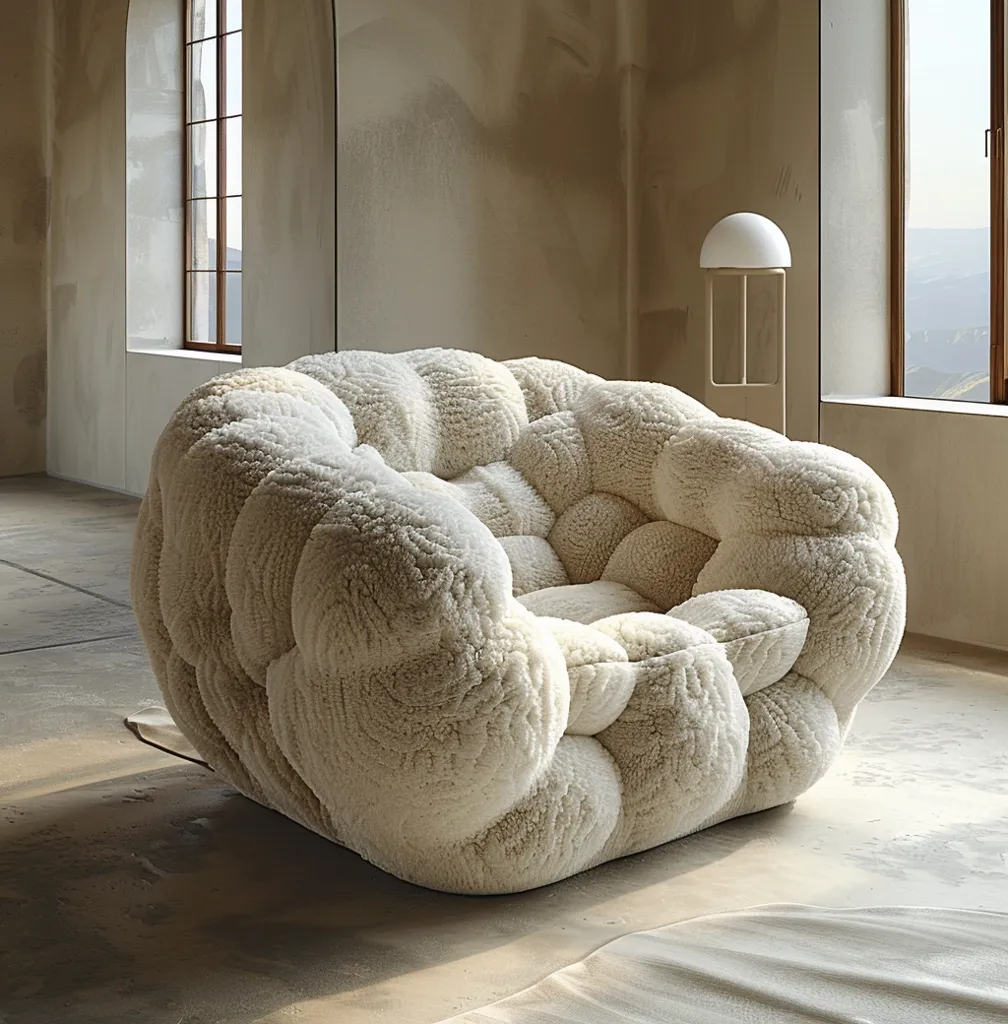 A large, plush white armchair sits in the middle of a light-colored room with large windows. The chair is shaped like a cloud and has a soft, fluffy texture. The room has a minimalist aesthetic with a single lamp standing beside the chair. The sunlight streams through the windows, casting a warm glow on the chair and the floor.  The chair looks inviting and comfortable, perfect for relaxing and enjoying the view.