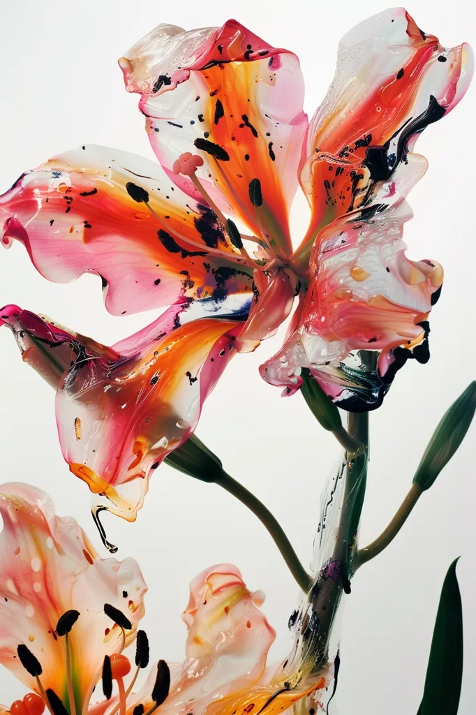 The image is a close-up of a single lily flower with pink and orange petals.  The petals are translucent and have a glossy, almost wet appearance. The flower is set against a white background and is shot in a way that makes the details of the flower's structure visible. There are black dots and streaks on the petals, adding an interesting texture to the image. The image is likely taken from a high-quality photograph or illustration.