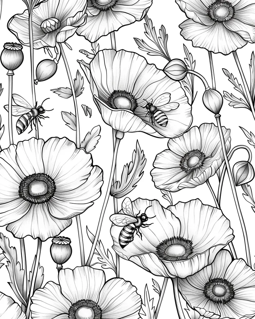 The image is a black and white drawing of poppies and bees. The poppies are in full bloom and have delicate petals. The bees are perched on the petals, with their wings outstretched. The drawing is detailed and intricate, capturing the beauty of these flowers and insects. The background is a simple white, allowing the flowers and bees to stand out. The image is a celebration of the beauty of nature, in a delicate and minimalist style.