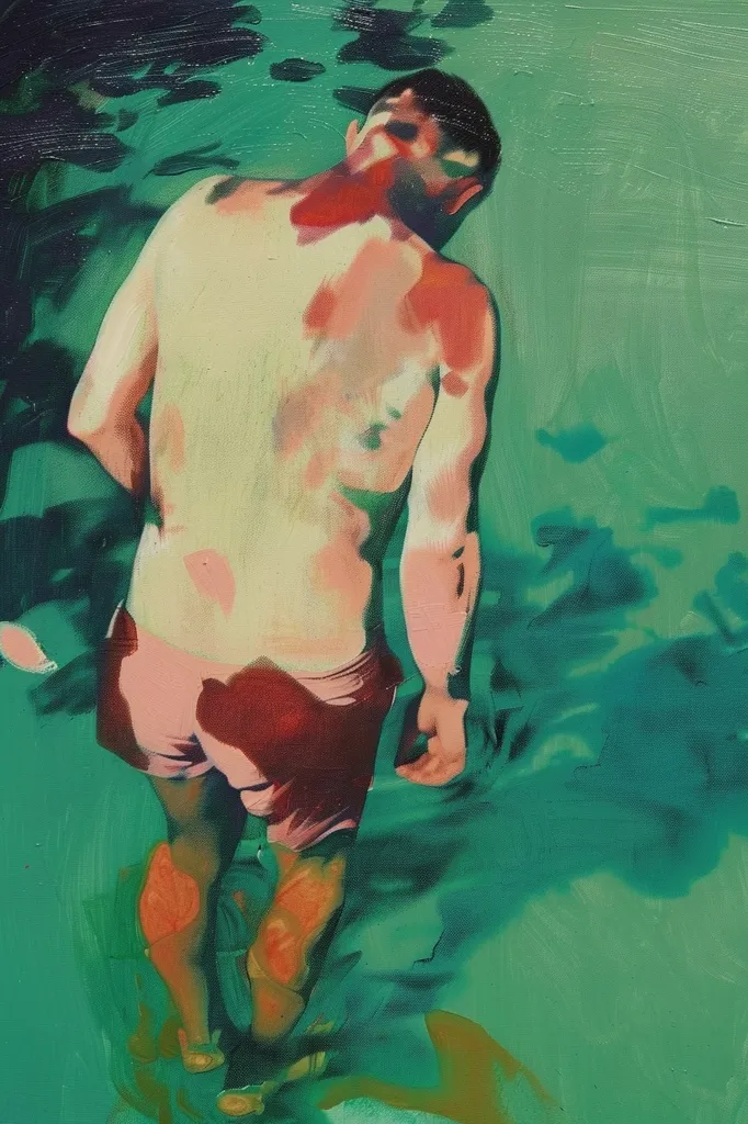 A man, seen from the back, stands in a body of water. He is wearing pink and red swim trunks, and his skin is sunburned. The water is a vivid green, and the painting is done in a painterly style. The man's head is turned to look over his shoulder.  He appears to be walking away from the viewer.  The background is blurry.