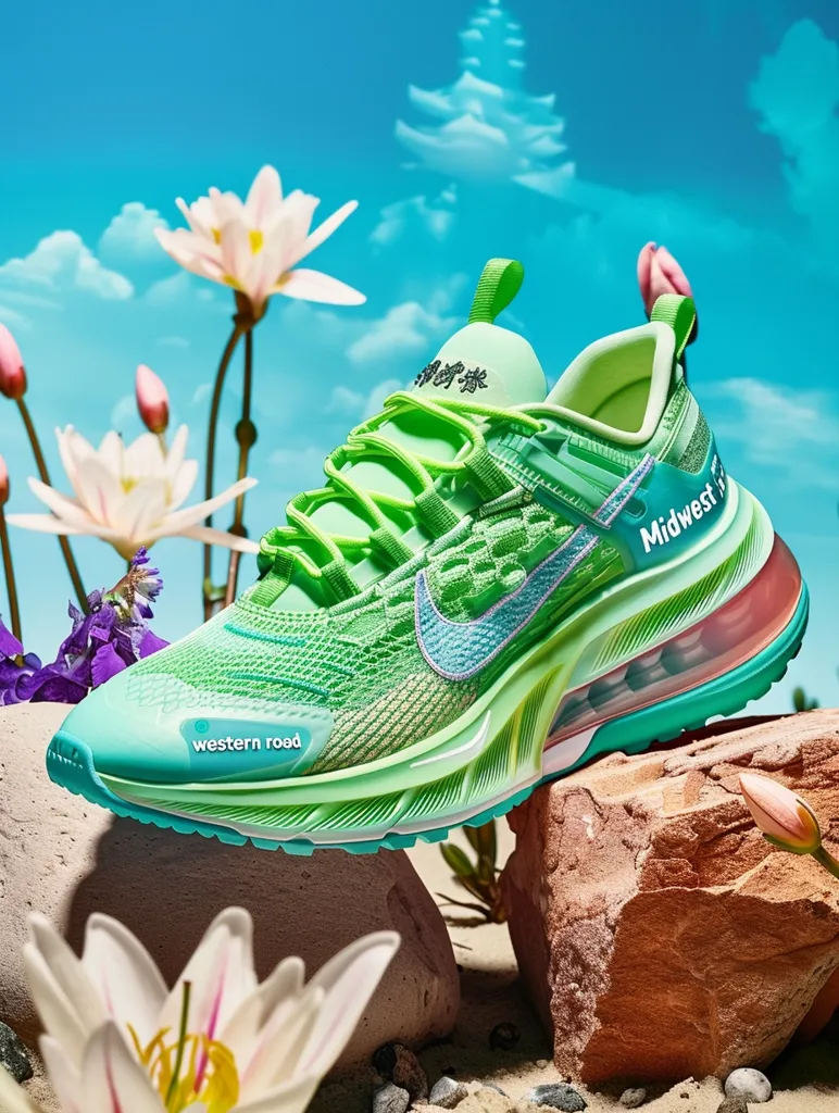 A bright green and blue Nike sneaker with "Western Road" written on the side sits on a rock surrounded by pink and white flowers. The background is a hazy blue sky with a few clouds. The shoe has a light, airy feel and is perfect for a summer day. The overall image is bright and cheerful.