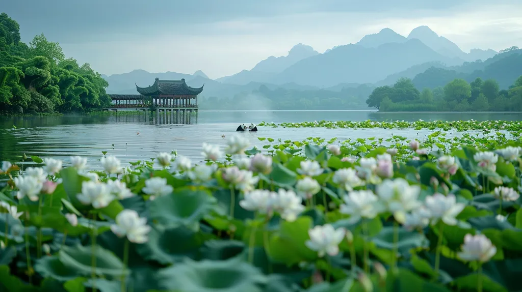 A serene lake scene with a traditional Chinese pavilion in the distance. The lake is covered in white lotus flowers, and two pandas can be seen swimming in the distance. Lush green mountains rise in the background, creating a picturesque landscape. The image evokes a sense of tranquility and harmony with nature.