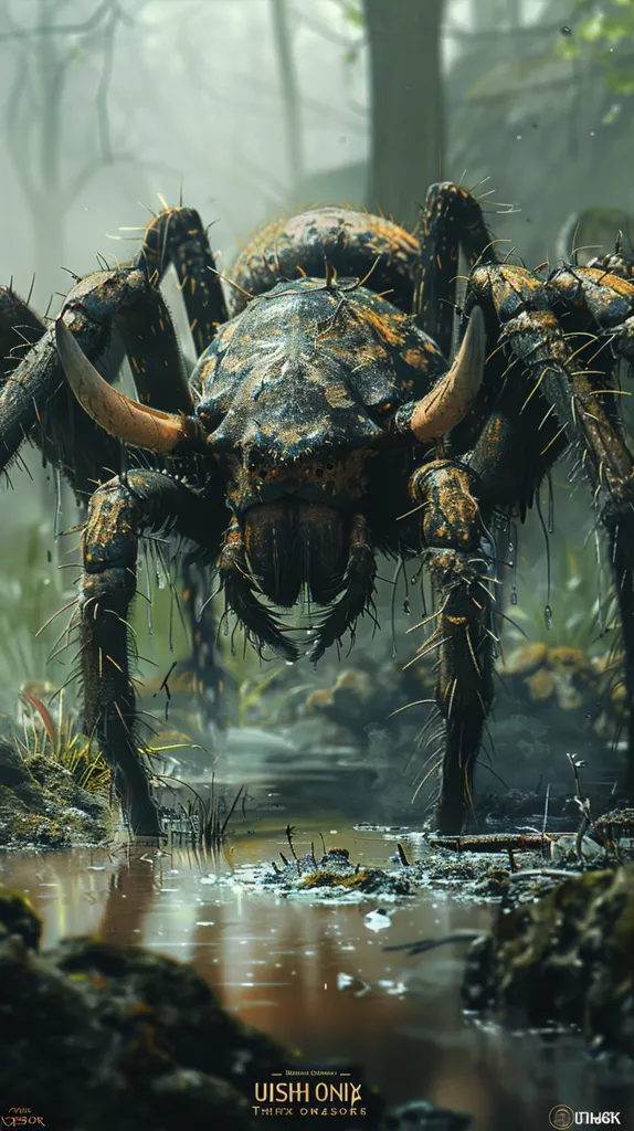 A large, menacing spider-like creature with horns and sharp spines stands in a murky, swampy environment. The creature is dark brown and black, with a textured exoskeleton and long, spindly legs. The scene is obscured by a misty atmosphere, adding to the sense of foreboding.  The creature's menacing stance and the ominous setting create a sense of fear and apprehension.