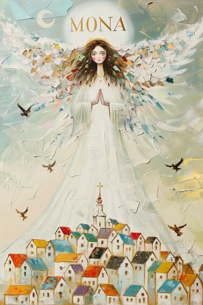 The painting depicts a woman with long brown hair, dressed in a white gown, with large wings composed of various colors. She is holding her hands together in prayer and has a halo above her head. The word "MONA" is written in gold lettering above her. The woman stands above a small town with a church at its center, and birds are flying in the sky. The background is a muted blue and white, creating a soft and ethereal atmosphere.  The overall impression is one of peace and spirituality.