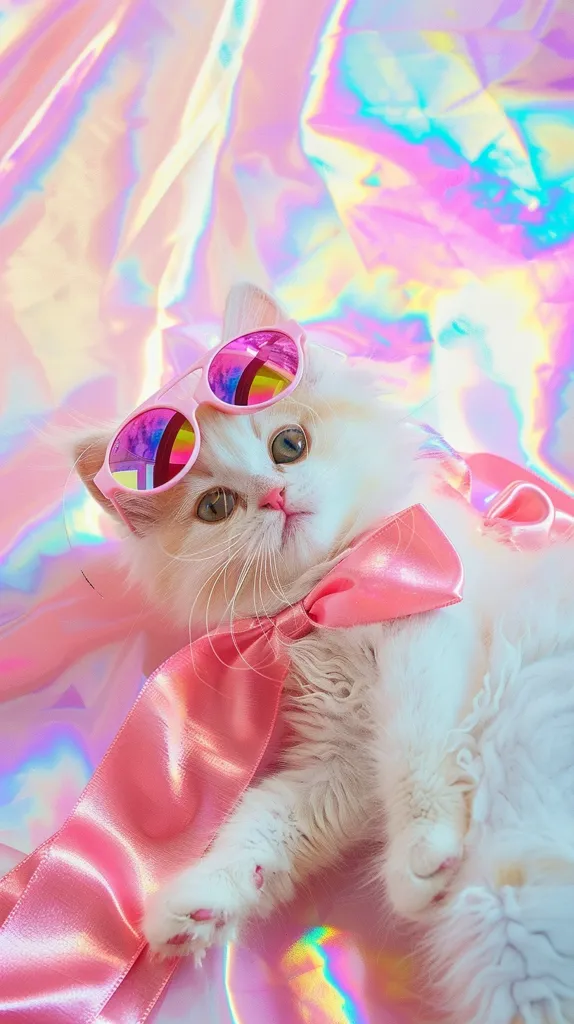 A fluffy white cat with pink sunglasses and a pink ribbon around its neck lies on a iridescent background. The cat's eyes are partially visible and its fur is soft and fluffy. The iridescent background adds a touch of whimsy to the image. The overall feel of the image is cute and playful.
