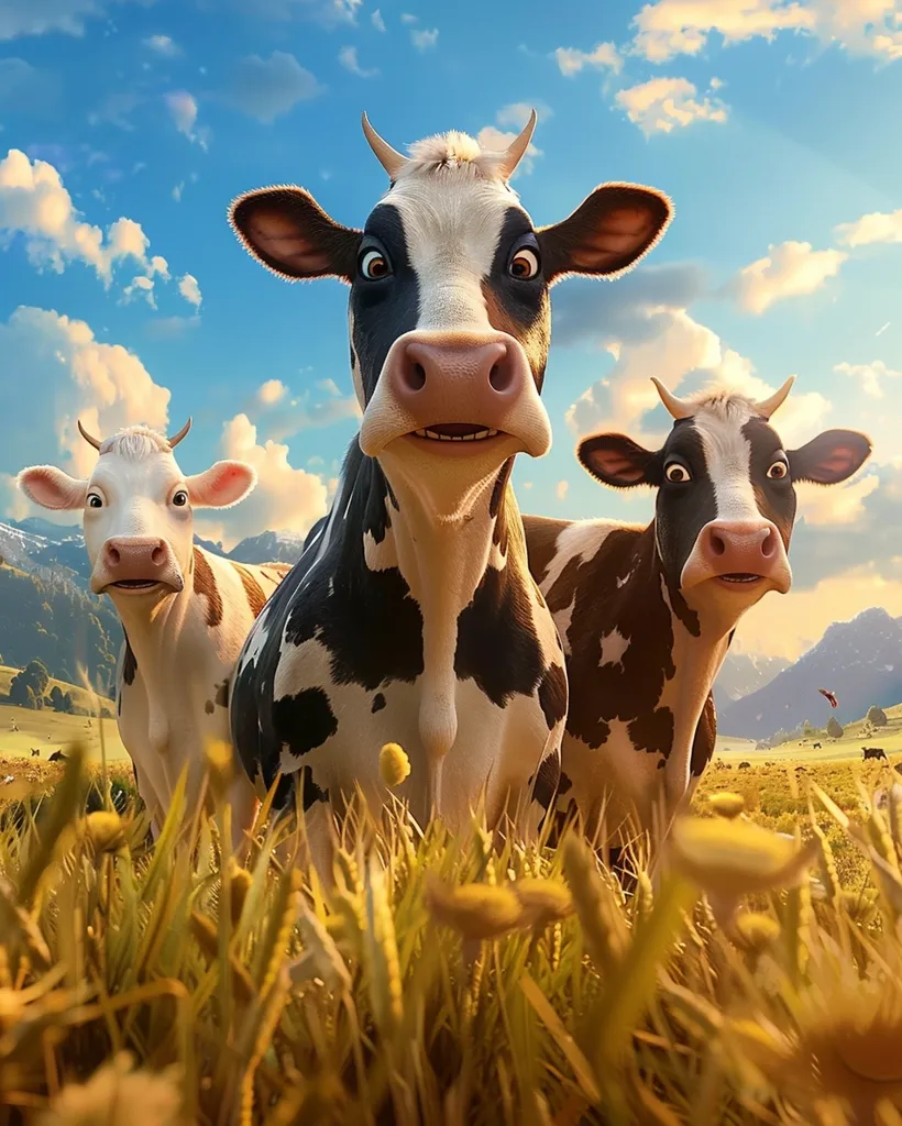 Three cartoon cows stand in a field of tall grass, looking directly at the viewer. The foreground cow is large and in focus, with a surprised expression on its face. The other two cows are in the background, with a more relaxed expression. The sky is blue with fluffy clouds. The overall mood is light and playful.