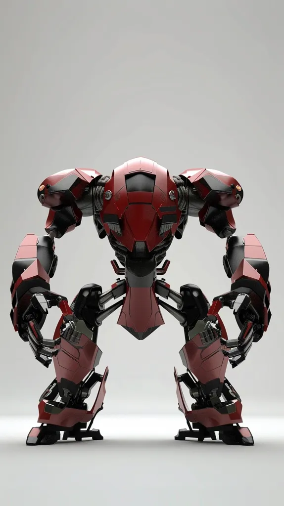 The image shows a red robotic figure with a humanoid form. It stands against a light grey background, its lower body folded in a defensive stance, its arms raised in a gesture that could be interpreted as aggression or protection. Its sleek design and metallic finish suggest a technologically advanced, possibly futuristic creation.  The robot's large, imposing frame implies power and strength.