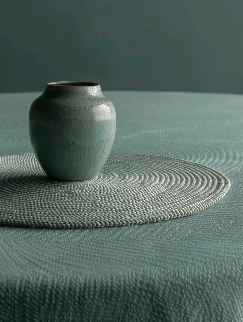 A simple still life featuring a round woven placemat and a ceramic vase with a speckled glaze. Both the vase and placemat are a muted shade of green, creating a calming and minimalist aesthetic. The background is a solid green, further emphasizing the muted tones of the objects in the foreground.  The light gently illuminates the scene, casting subtle shadows that highlight the textures of the vase and placemat.