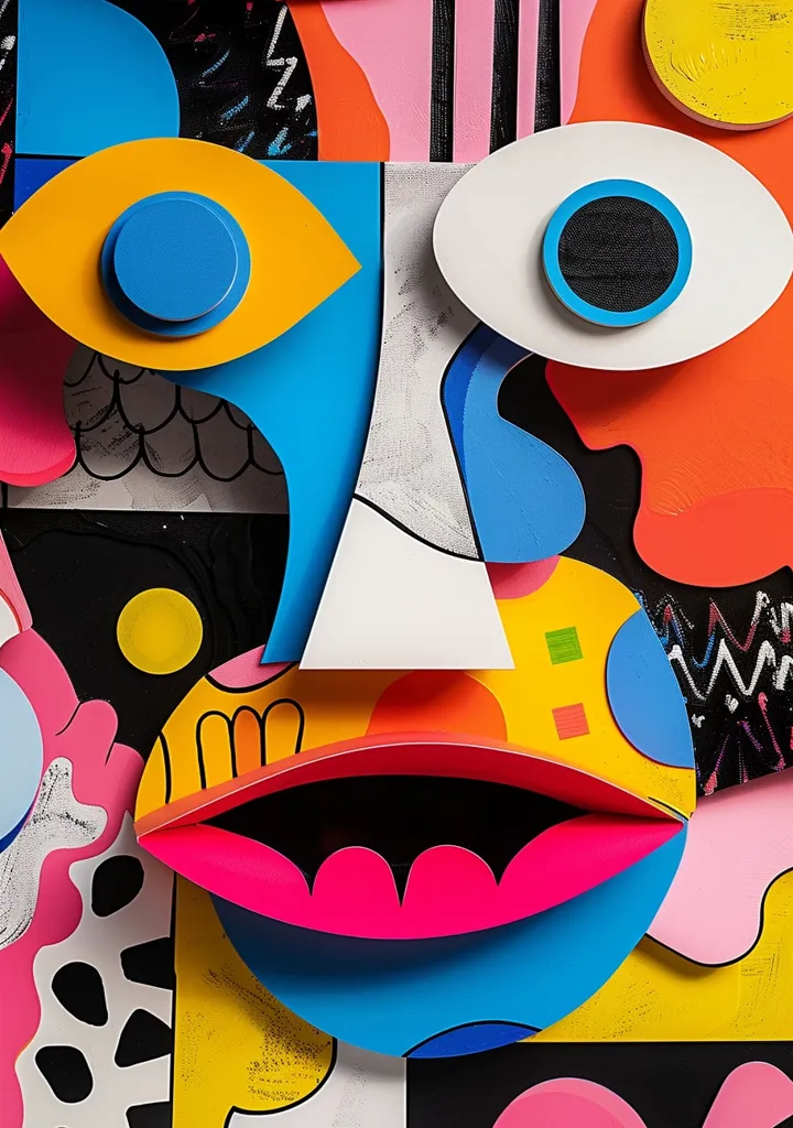 A colorful abstract portrait created from cut paper. The face is made up of large, geometric shapes in bright yellow, blue, pink, and red. It features two large eyes with round pupils and a bright pink, open mouth. The background is made up of smaller, geometric shapes in a variety of colors.  The image has a playful, whimsical feel.