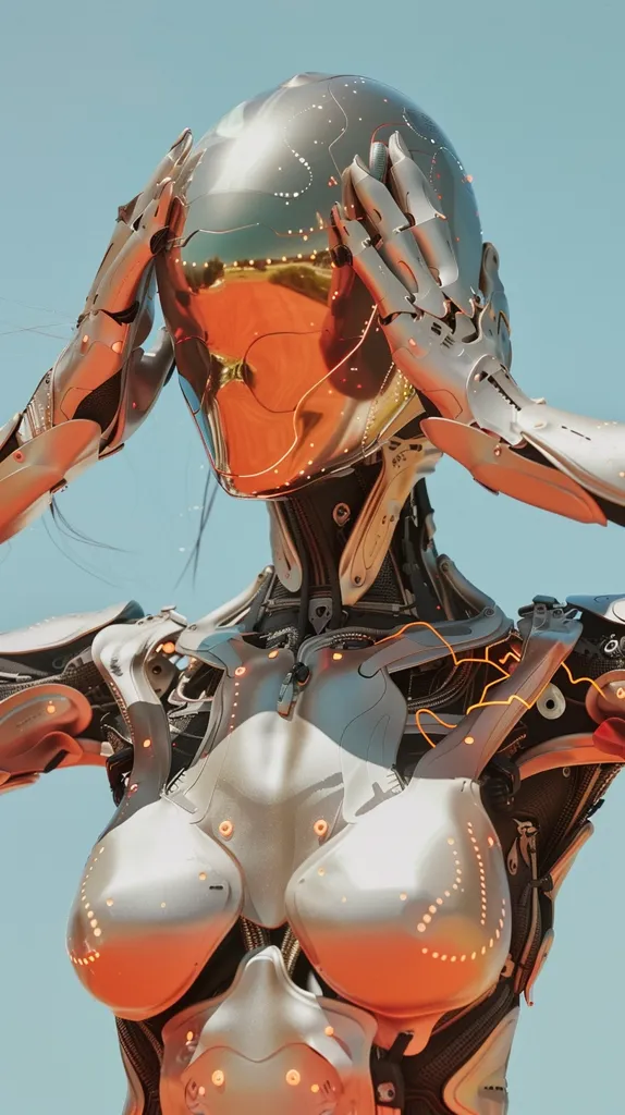 The image shows a female robot with a silver metallic body and a large, reflective helmet. The robot has its hands raised, covering its face, and its body is adorned with intricate details and glowing orange lights. The background is a simple blue, emphasizing the robot's form.  The robot's pose suggests vulnerability or distress.  The image has a futuristic and slightly unsettling feel.