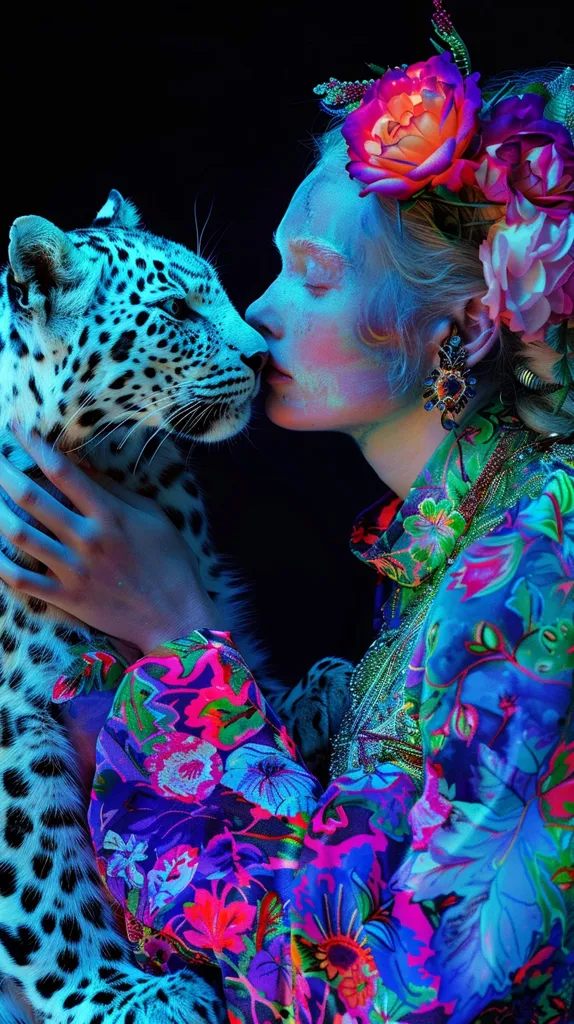 A woman wearing a floral headdress and a brightly colored, patterned blouse is seen in close proximity to a white leopard. The woman's face is painted with glowing colors, and she is looking directly at the leopard, which is facing her with its mouth slightly open. The background is dark and blurry, and the image is lit with vibrant, neon colors.  The scene has an otherworldly and surreal quality.