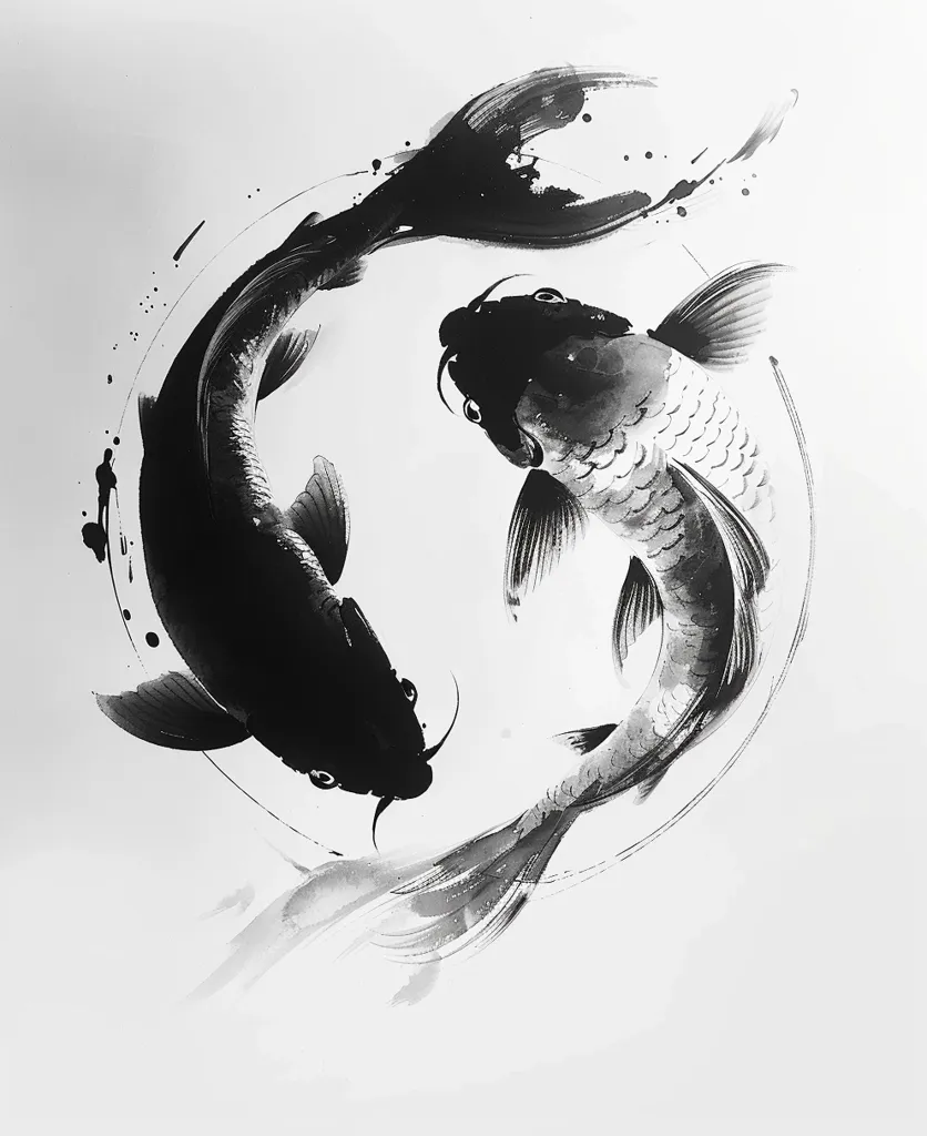 The image depicts two black koi fish swimming in a circular motion, creating a yin and yang symbol. The fish are drawn in a traditional Japanese sumi-e style with black ink on white paper, capturing their elegance and fluidity. The background is minimal, highlighting the fish as the focal point.  The artwork suggests balance, harmony, and the interconnectedness of opposites.