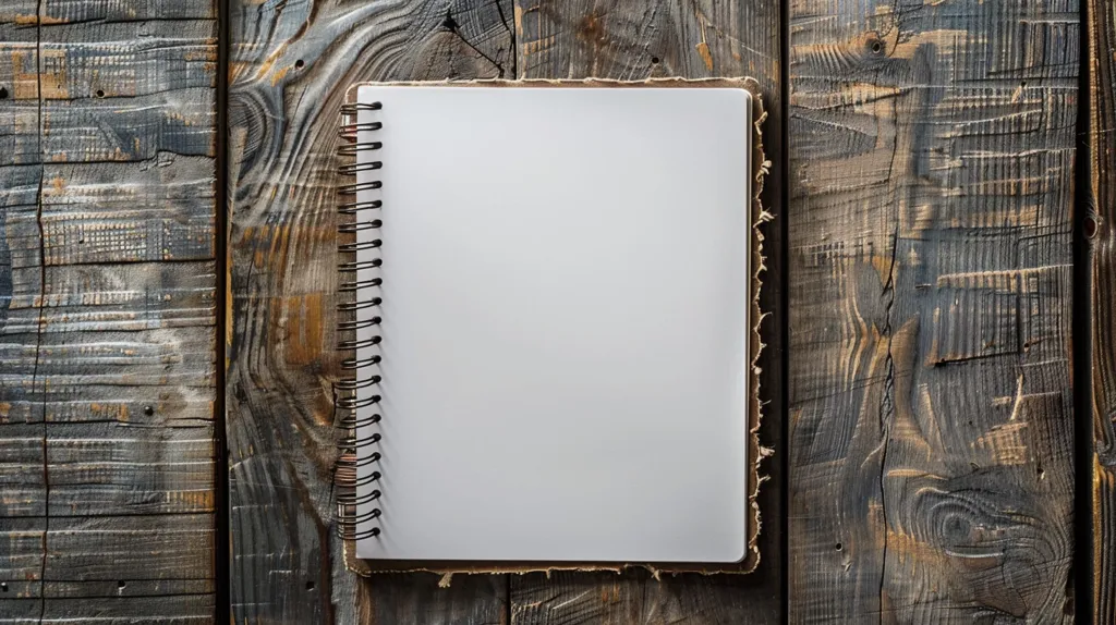 A blank, spiral-bound notebook sits on a rustic wooden surface. The notebook has a white paper cover and a brown cardboard back. The wood grain is visible, and the surface is weathered and worn. The image is simple and minimalist, with a focus on the blank notebook. It creates a sense of openness and possibility.