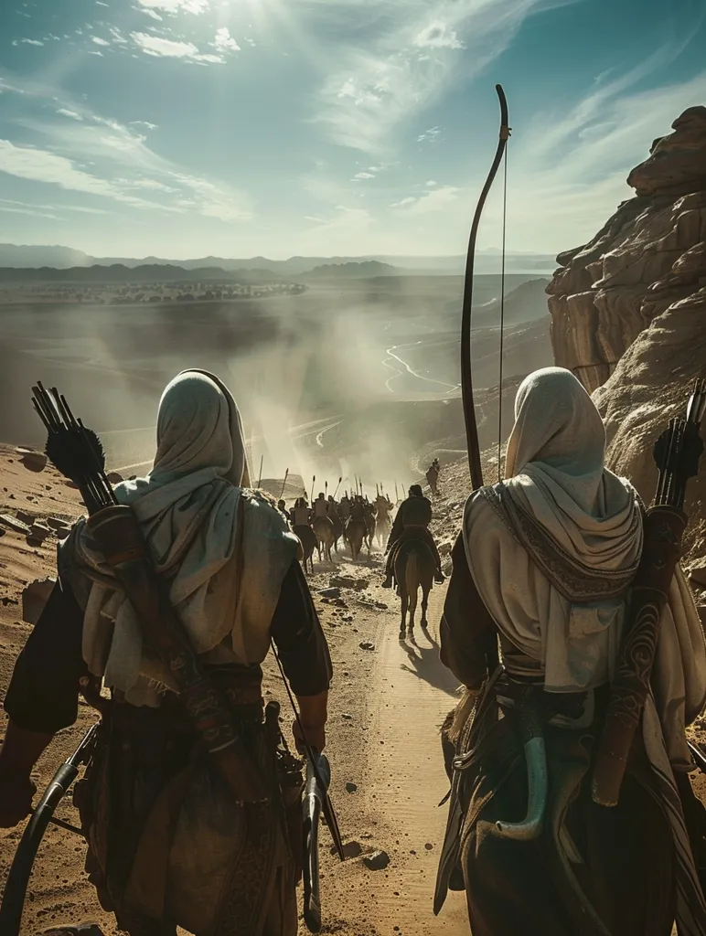 Two figures, dressed in white robes, walk through a sandy desert. They are both carrying bows and arrows, and their faces are obscured by their head coverings. They walk in the direction of a large group of figures also riding horses through the desert, headed towards a mountain range in the distance. The sun shines brightly overhead, and the sand reflects the light.
