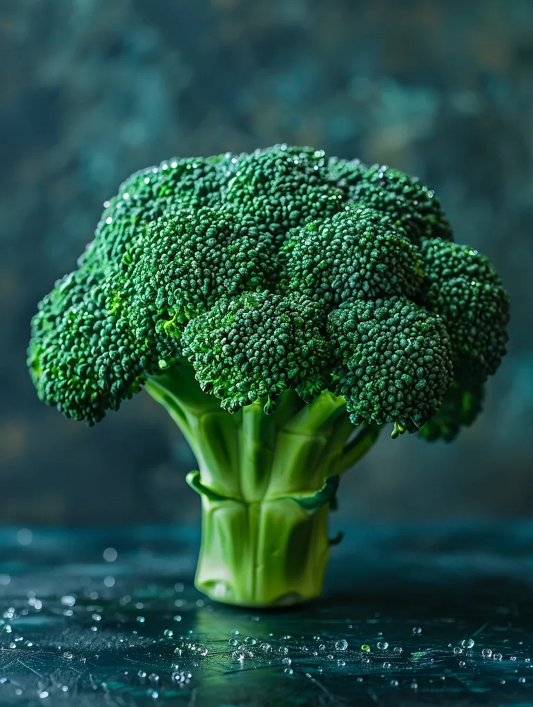 A vibrant green broccoli head sits on a dark blue surface, its florets clustered together in a visually appealing way. Water droplets scattered around the base of the broccoli add a touch of freshness and vibrancy to the composition. The image captures the simplicity and natural beauty of a common vegetable.