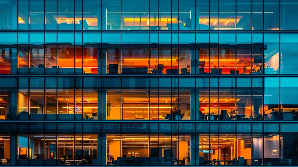 A tall, modern office building is captured at dusk. The glass facade reflects the sky, turning the building a deep blue. Inside, the warm glow of office lights illuminates the workspace, casting a soft orange hue through the windows. The building's grid-like structure is emphasized by the many panes of glass.