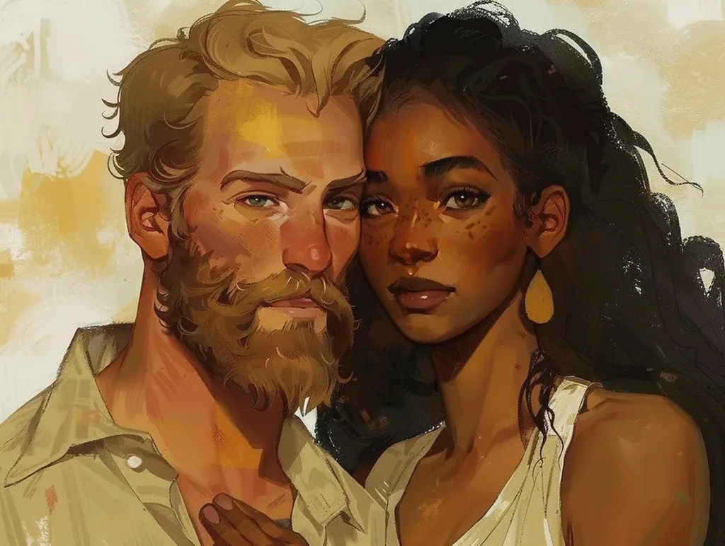 A man with a beard and blond hair is looking directly at the viewer. He is wearing a light brown shirt. A woman with dark skin and long, dark hair is leaning against him and looking off to the side. She has freckles and is wearing a white tank top. They are both depicted in a warm, painted style.