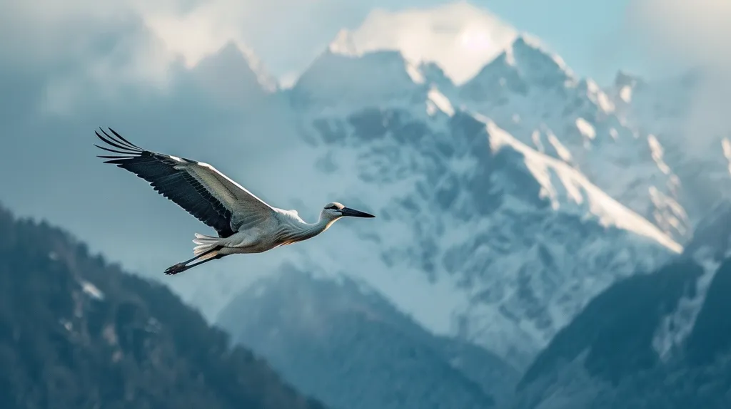 A white stork with black wingtips flies against a backdrop of snow-capped mountains. The bird's wings are spread wide, and its long legs are extended behind it. The mountains are in the distance, and they are covered in snow. The sky is a light blue, and the clouds are white. The image evokes a sense of peace and tranquility.