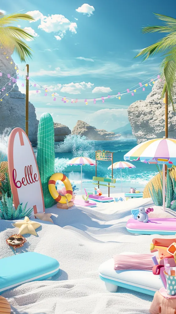 A picturesque beach scene with a surfboard labeled "Belle", a tall cactus, and a vibrant beach umbrella. The sandy shore is dotted with beach chairs and a life buoy, creating a welcoming and relaxing ambiance. The blue ocean in the background adds to the idyllic setting. Palm trees and a string of pink and white lights complete the picture-perfect summer paradise.