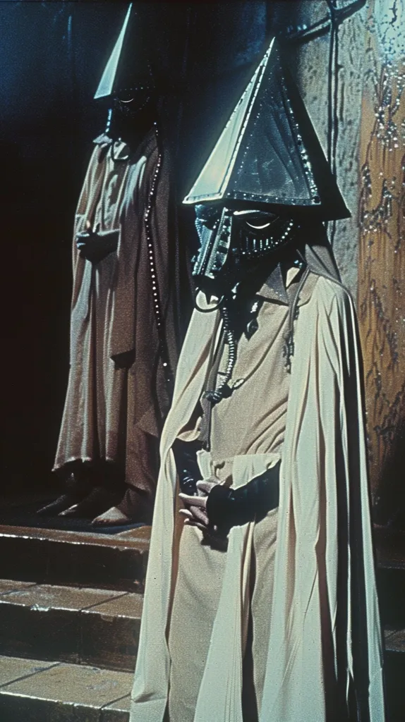 Two figures stand on a stone staircase. They are wearing long, flowing robes and pointed, metallic head coverings. The figure on the left is shrouded in shadow, while the one on the right is illuminated, revealing a detailed mask and a white robe. The image has a mysterious and otherworldly feel.