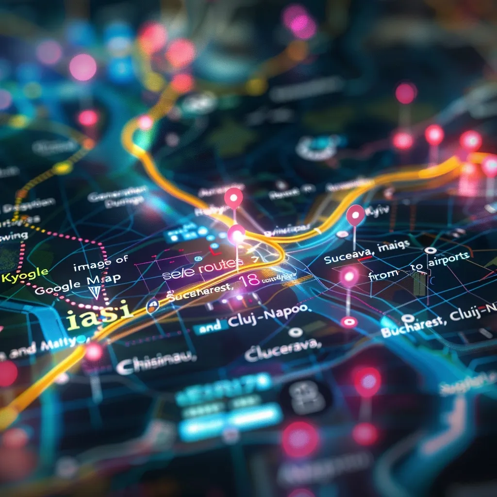 The image is a close-up of a digital map with a focus on the city of Iasi in Romania. The map is highlighted with bright, neon colors, including yellow, red, blue and purple. It shows various cities and routes, with red pins marking specific locations. The words "Google Map" and "select routes" are visible in the upper left corner. The map appears interactive and designed for travel planning.