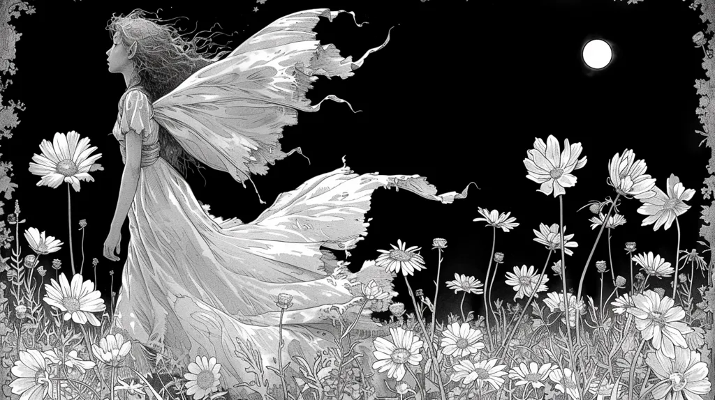 A black and white illustration of a woman with long hair and flowing dress, wings that are tattered and torn, walking through a field of flowers.  The woman is walking away from the viewer and looking towards a full moon in the night sky.  The illustration is drawn in a style that is both beautiful and haunting.