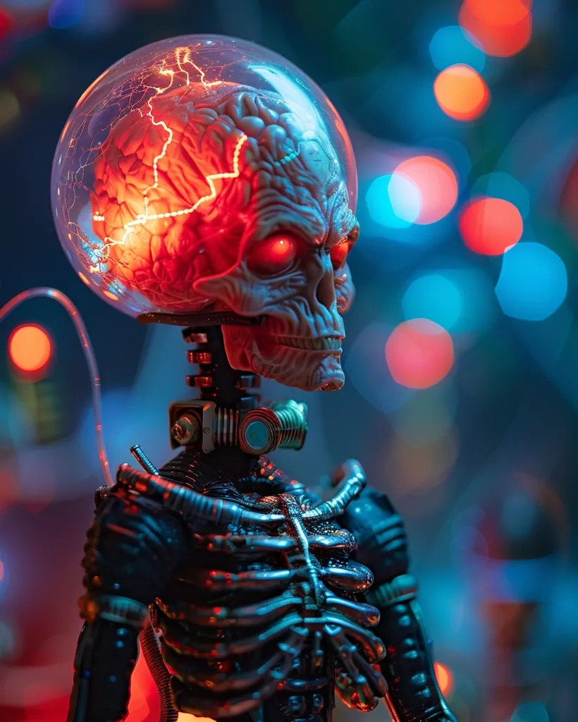 A close-up of a robot with a glass dome head, revealing a glowing red brain. The robot has a metallic skeleton and a dark, textured body. It is against a blurred background of red and blue lights, creating a futuristic and dramatic scene. The image suggests a science fiction or fantasy setting.