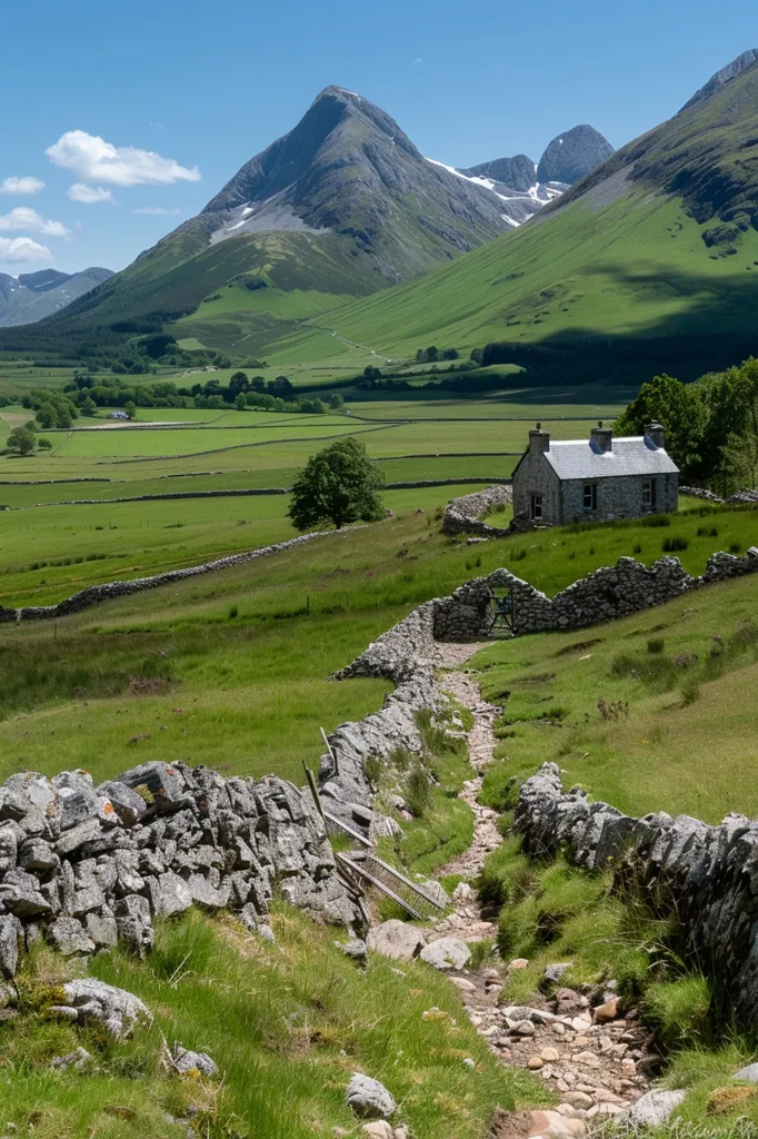 A stone cottage stands in a valley, surrounded by rolling green hills and a winding stone wall. The path leading to the cottage is lined with stones and passes through a gate.  In the distance, two imposing peaks rise against a blue sky with white clouds. The scene is peaceful and idyllic.