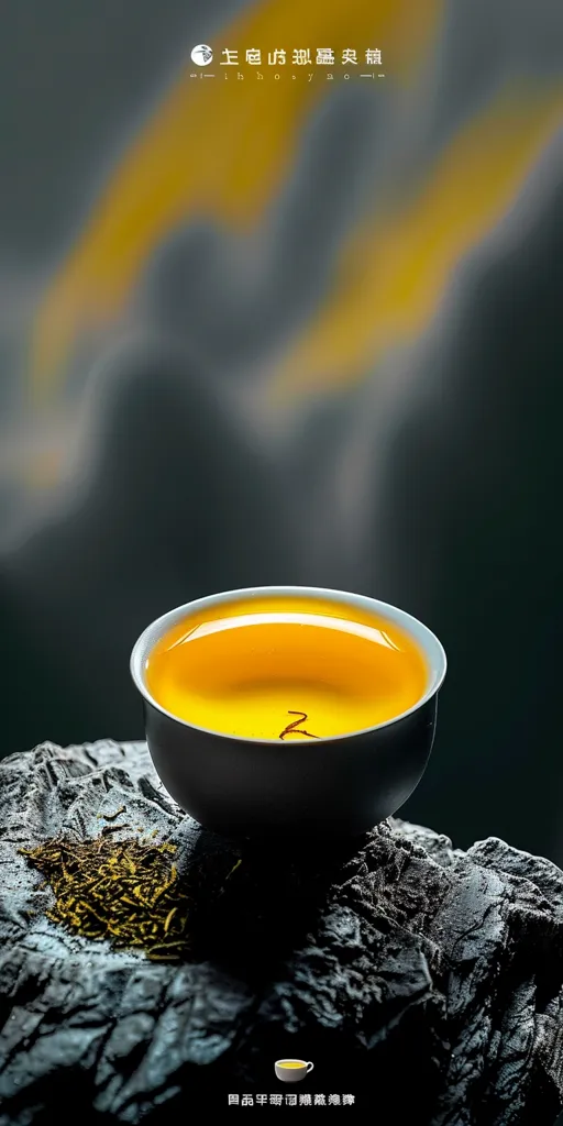 A dark, textured surface with a small, black cup filled with yellow tea. Dried tea leaves lie scattered around the cup. The background is blurred and features a yellow, hazy effect. The image evokes a sense of tranquility and the ritual of tea drinking.  The Chinese text adds an element of cultural significance.