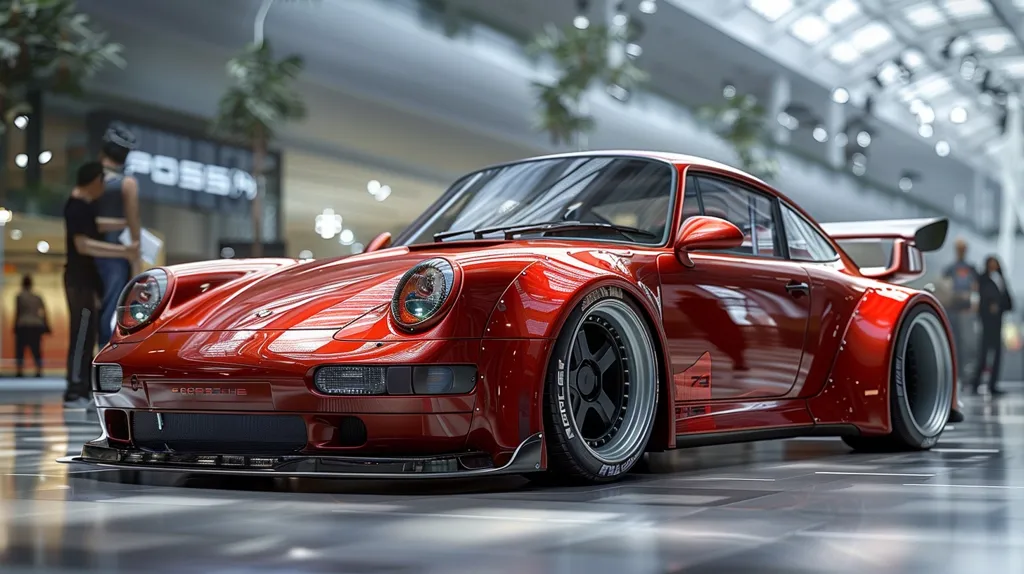 A bright red Porsche 911 Turbo, heavily modified with wide bodywork and large wheels, sits in a modern, light-filled showroom. The car's paint shines brightly, reflecting the surrounding light. The front bumper has a large lip spoiler, while the rear features a ducktail spoiler. The car is pristine and appears to be brand new, with no visible scratches or blemishes. The background is out of focus, showcasing the car as the focal point of the image.  A few people are standing in the background, seemingly admiring the car.
