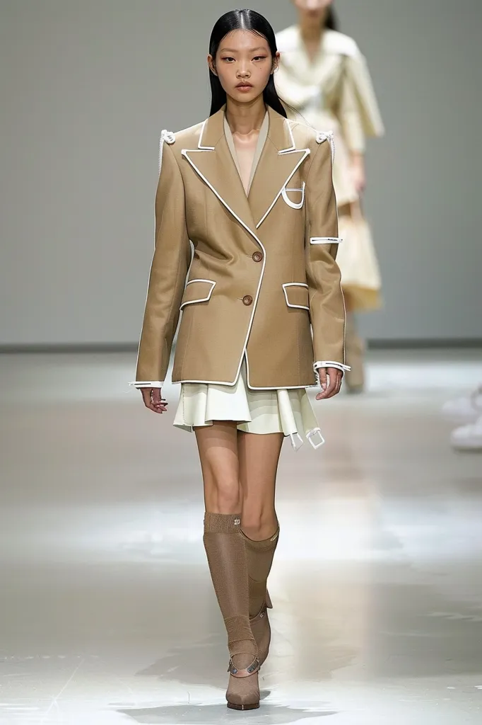 A female model walks down a runway wearing a tan blazer with white piping, a white skirt, and knee-high brown boots. The blazer has a double-breasted closure and the skirt has a pleated design. Her hair is pulled back, and she wears minimal makeup. She has a serious expression on her face.  The background is a simple white space, which allows the focus to be on the model's outfit.