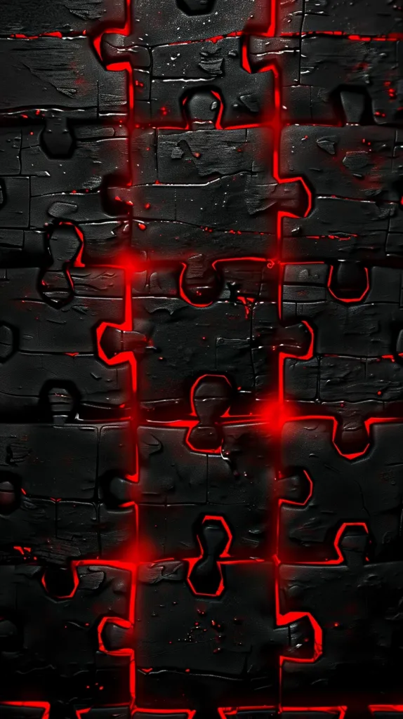 The image shows a dark, textured background with a vertical line of glowing red puzzle pieces running through the center. The puzzle pieces are outlined in red light and have a slightly raised, 3D effect. The background is black and has a rough, uneven texture, like a rough piece of charcoal. The image has a dark and mysterious feel, with the red light adding a touch of intensity.