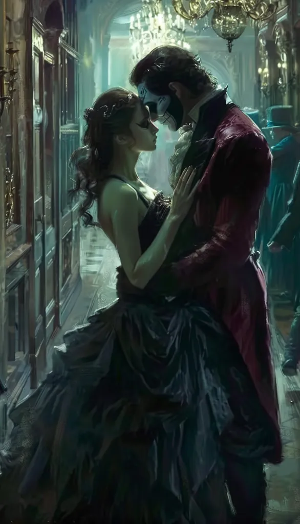 A man and a woman are dancing in a dimly lit, ornate ballroom. The man is wearing a red coat and a mask depicting a skull, while the woman is wearing a black gown. The couple is embracing, their heads tilted towards each other. The air is thick with mystery and intrigue.  A sense of romance and danger permeates the scene.