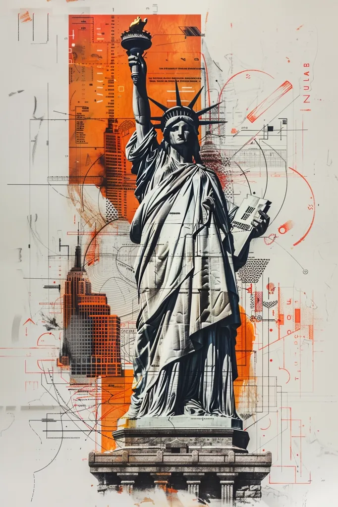 The image depicts the Statue of Liberty in a modern, abstract style. The statue is rendered in a photorealistic manner, but the background is a chaotic mix of geometric shapes, lines, and abstract patterns in orange and grey. The overall effect is dynamic and visually striking, suggesting a blend of tradition and modernity.  A small building is also visible in the background, adding to the cityscapes feel.  The image is likely a piece of digital art.