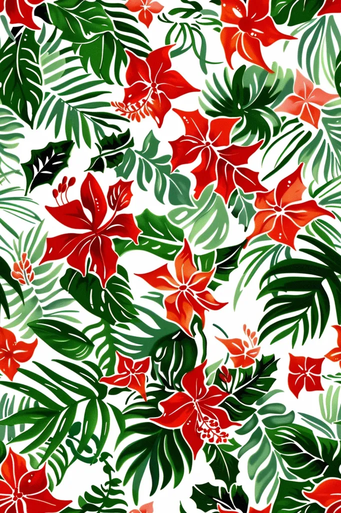 The image is a seamless pattern of tropical flowers and leaves on a white background. The flowers are a vibrant red, and the leaves are a deep green. The pattern is repeated throughout the image, creating a sense of movement and energy. The image is likely to be used in a variety of contexts, such as fabric design, wallpaper, or packaging.