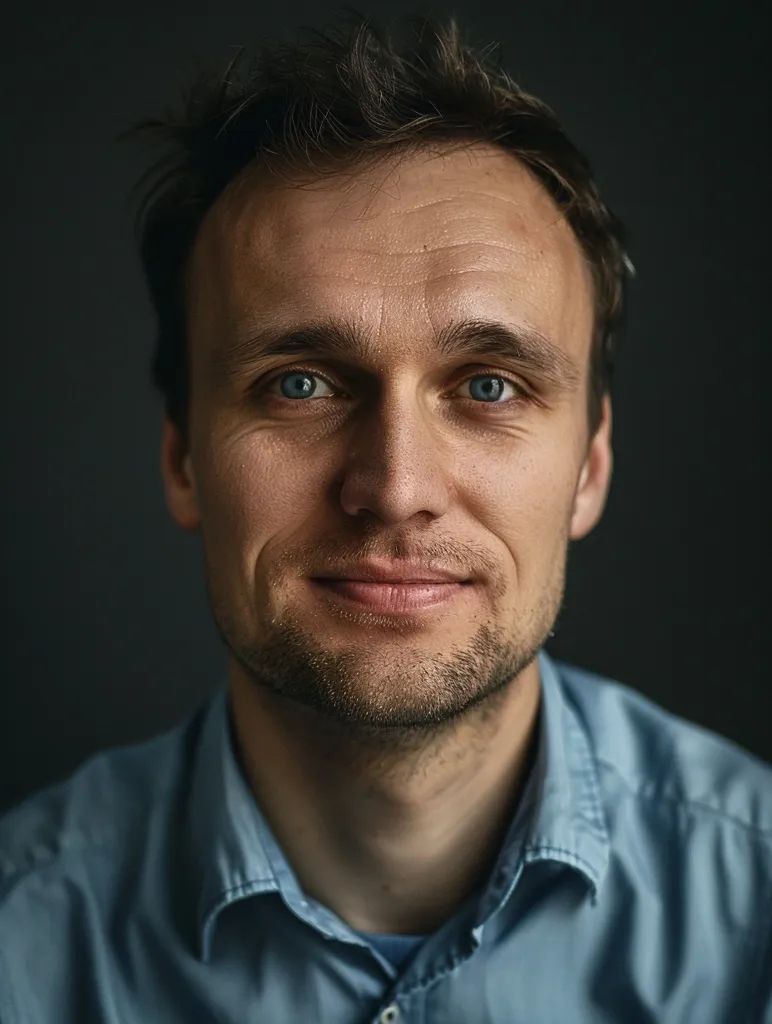 A man with short brown hair and a light blue shirt smiles gently at the camera. His blue eyes are the focal point of the image, set against a dark background. There are subtle wrinkles on his forehead, suggesting a thoughtful nature. The image captures a moment of quiet confidence and warmth.
