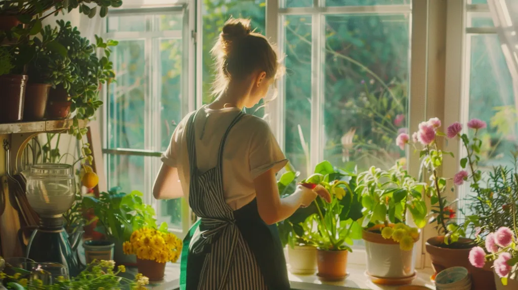 A woman in a white shirt and striped apron stands by a window, tending to potted plants.  Sunlight streams through the window, illuminating the room. The woman is surrounded by various plants, including leafy greens and delicate pink flowers. The scene is peaceful and idyllic, evoking a sense of calm and connection with nature.
