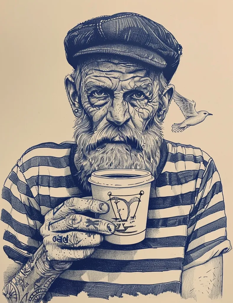 A detailed pen-and-ink drawing of an old, weathered sailor with a thick white beard, wearing a striped shirt and a cap.  He is holding a cup of coffee and a seagull flies by.  The image is rendered in a realistic style with fine lines and shading.  The drawing conveys a sense of time, experience and the sea.  The sailor's weathered face and hands tell a story of a life lived on the water.