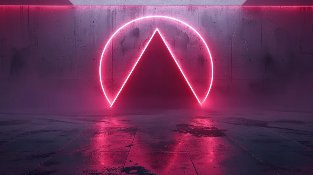 A bright pink neon circle with a triangle inside is on a concrete wall. The light reflects on a wet floor, creating a dreamy, futuristic atmosphere. The background is dark and hazy, making the light even more vibrant.