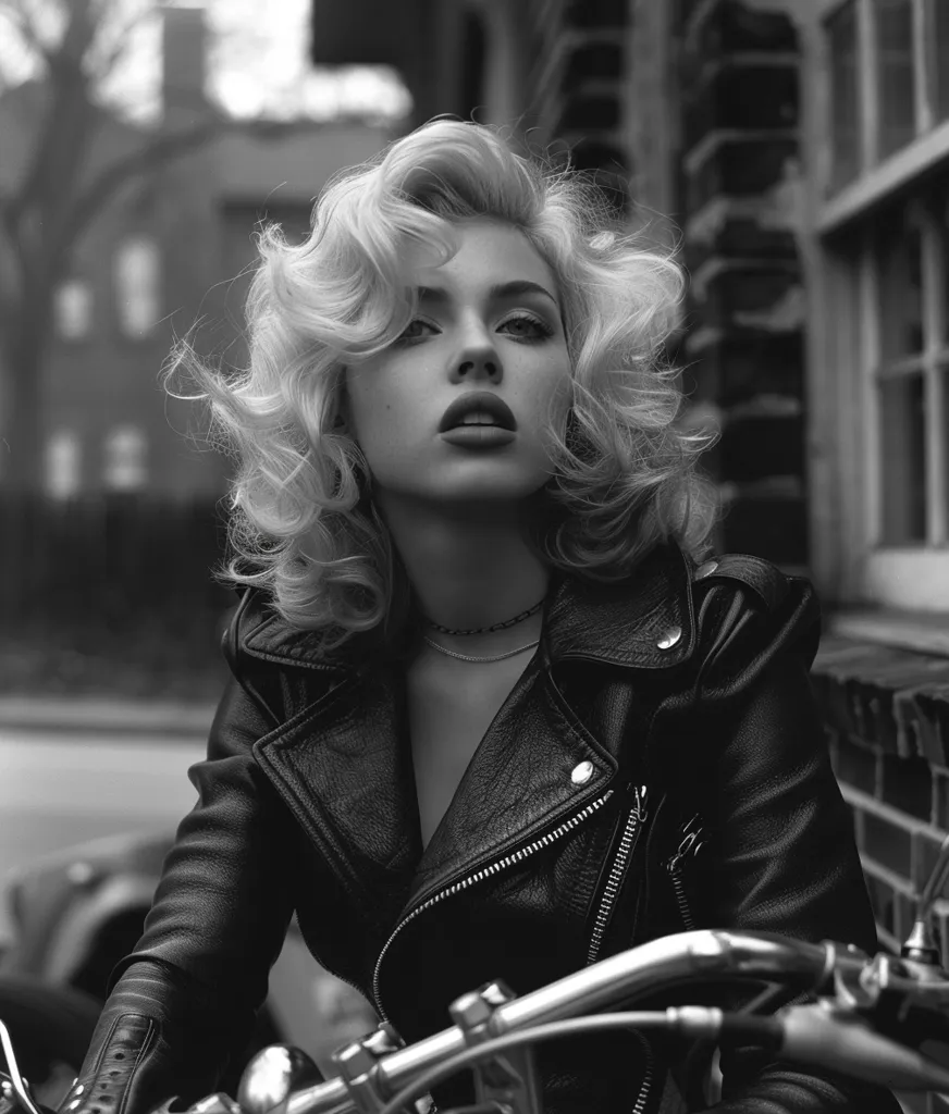 A woman with long, blonde, wavy hair is wearing a black leather jacket and sitting on a motorcycle. Her gaze is directed towards the left side of the frame. The image is in black and white, creating a dramatic and moody atmosphere. She has a serious expression and a slightly defiant air.  The image captures a sense of rebellion and independence.