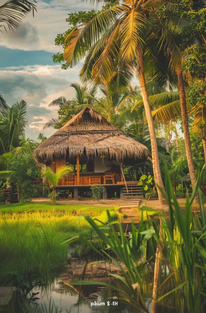 A thatched-roof hut stands nestled amongst lush palm trees and greenery.  The hut has wooden walls and a small porch, and there are chairs and tables inside. The setting is serene and tropical, with a small pond in the foreground and tall green grasses.  The sky is partly cloudy, with warm sunlight filtering through the leaves.